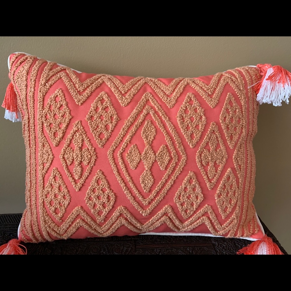 NEW PIER ONE Decorative accent rectangle pillow with tassels; salmon/coral color - Picture 1 of 10